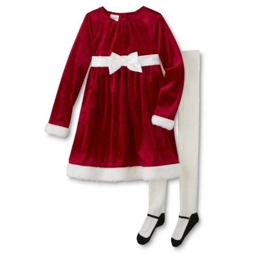 Girls Christmas Santa Dress & Tights 6X Red White Velour Long Sleeve 2 Pc